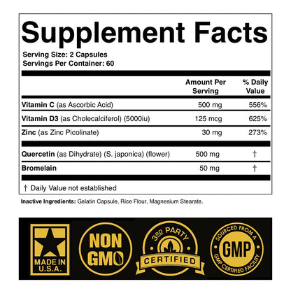 Zinc Quercetin 500mg with Vitamin C Vitamin D3 Bromelain Immune Support High Potency Quercetin Zinc Supplement ZQV by SPARTIS (Pack of 1 Bottle at 120-Caps) - PrimeBioHealth - canada supplements
