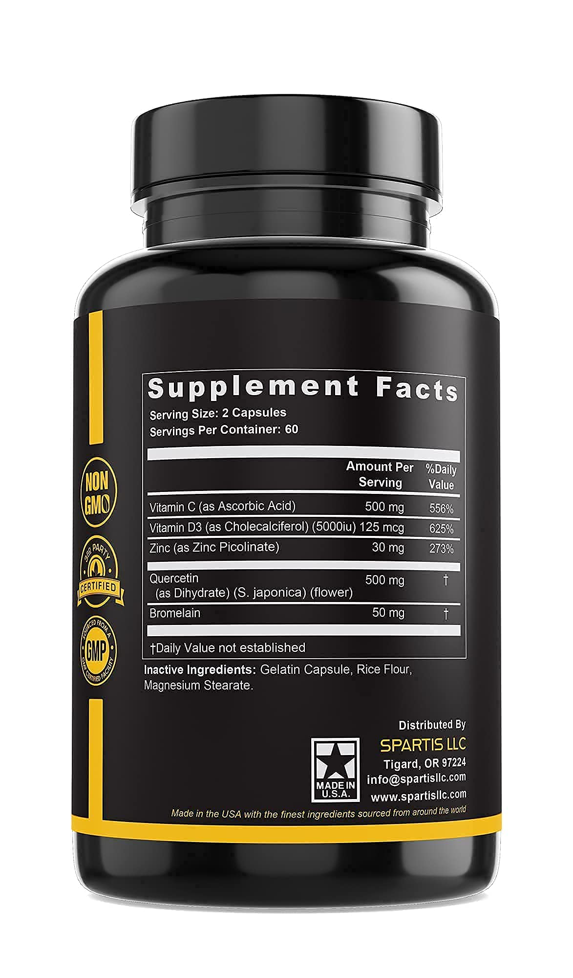Zinc Quercetin 500mg with Vitamin C Vitamin D3 Bromelain Immune Support High Potency Quercetin Zinc Supplement ZQV by SPARTIS (Pack of 1 Bottle at 120-Caps) - PrimeBioHealth - canada supplements