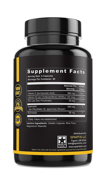 Zinc Quercetin 500mg with Vitamin C Vitamin D3 Bromelain Immune Support High Potency Quercetin Zinc Supplement ZQV by SPARTIS (Pack of 1 Bottle at 120-Caps) - PrimeBioHealth - canada supplements